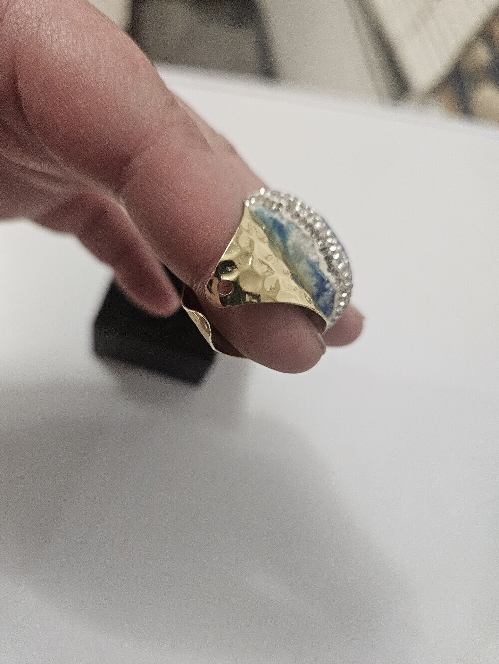 Blue Apatite Adjustable Druzy Gold Tone Cuff Ring Surrounded In CZ! - Picture 2 of 4